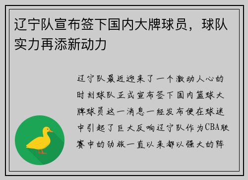 辽宁队宣布签下国内大牌球员，球队实力再添新动力